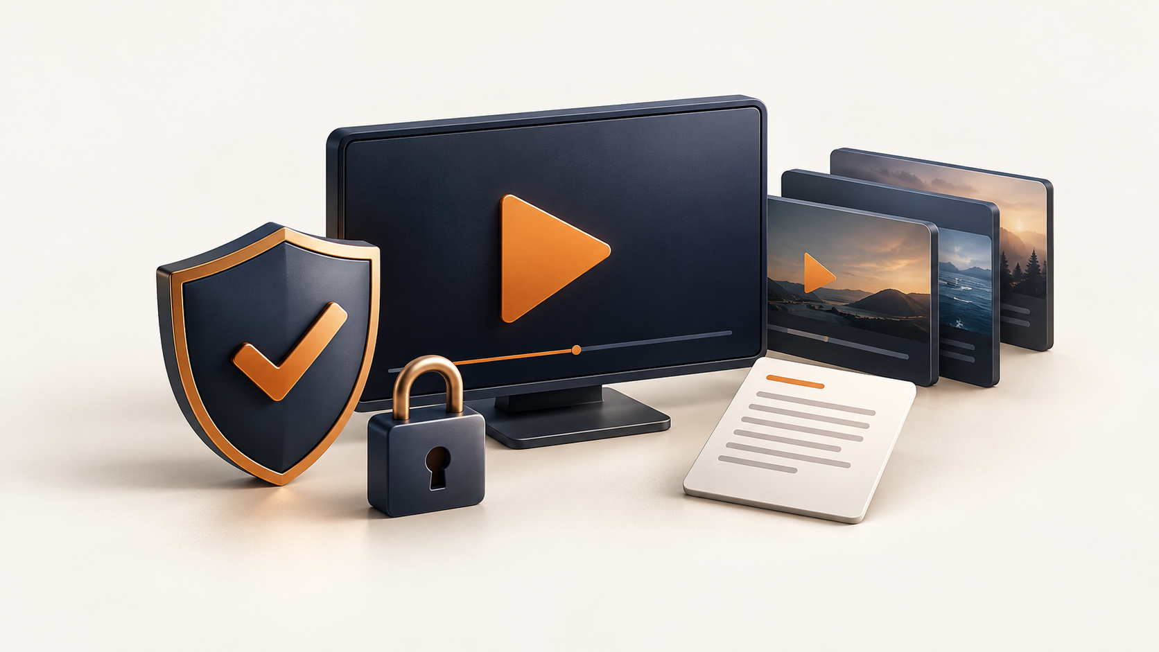 Video ekranı, koruyucu kalkan ve kilitle sorumlu yayıncılığı anlatan yayın güvenliği görseli
