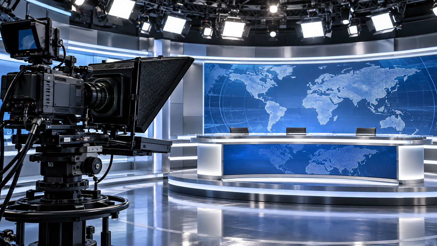 Kamera ve prompter bulunan temsili haber stüdyosu
